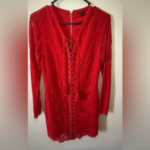 Lace long sleeve strawberry red mini dress